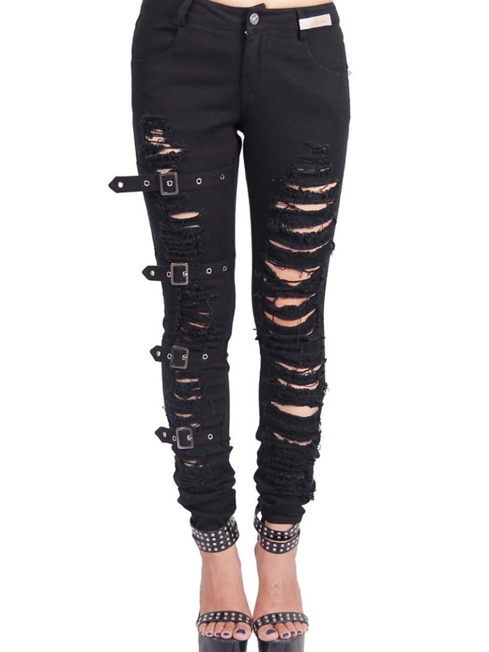 SHEIN EZwear High Waist Ripped Eyelet Buckled Detail Skinny Jeans